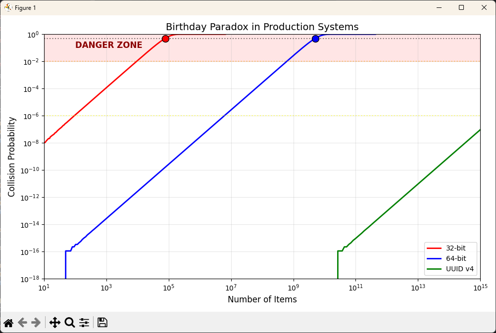Log-scale plot showing collision probability curves for different ID systems, with safety thresholds marked