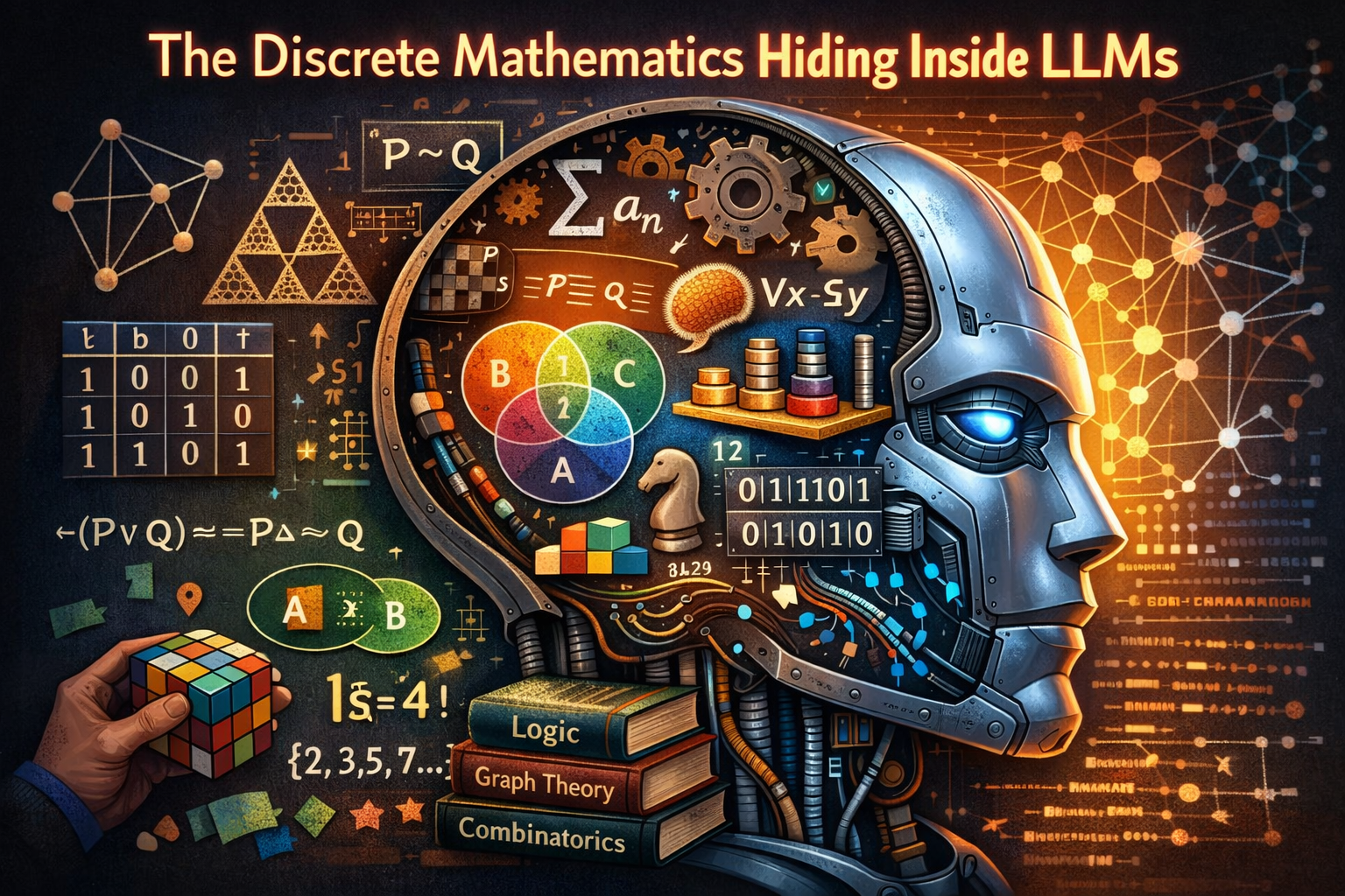 A robotic head in profile with discrete mathematics concepts filling its mind: Venn diagrams, truth tables, logical symbols like P→Q and ∀x∃y, graph theory networks, binary matrices, and set notation, all connecting to neural network patterns