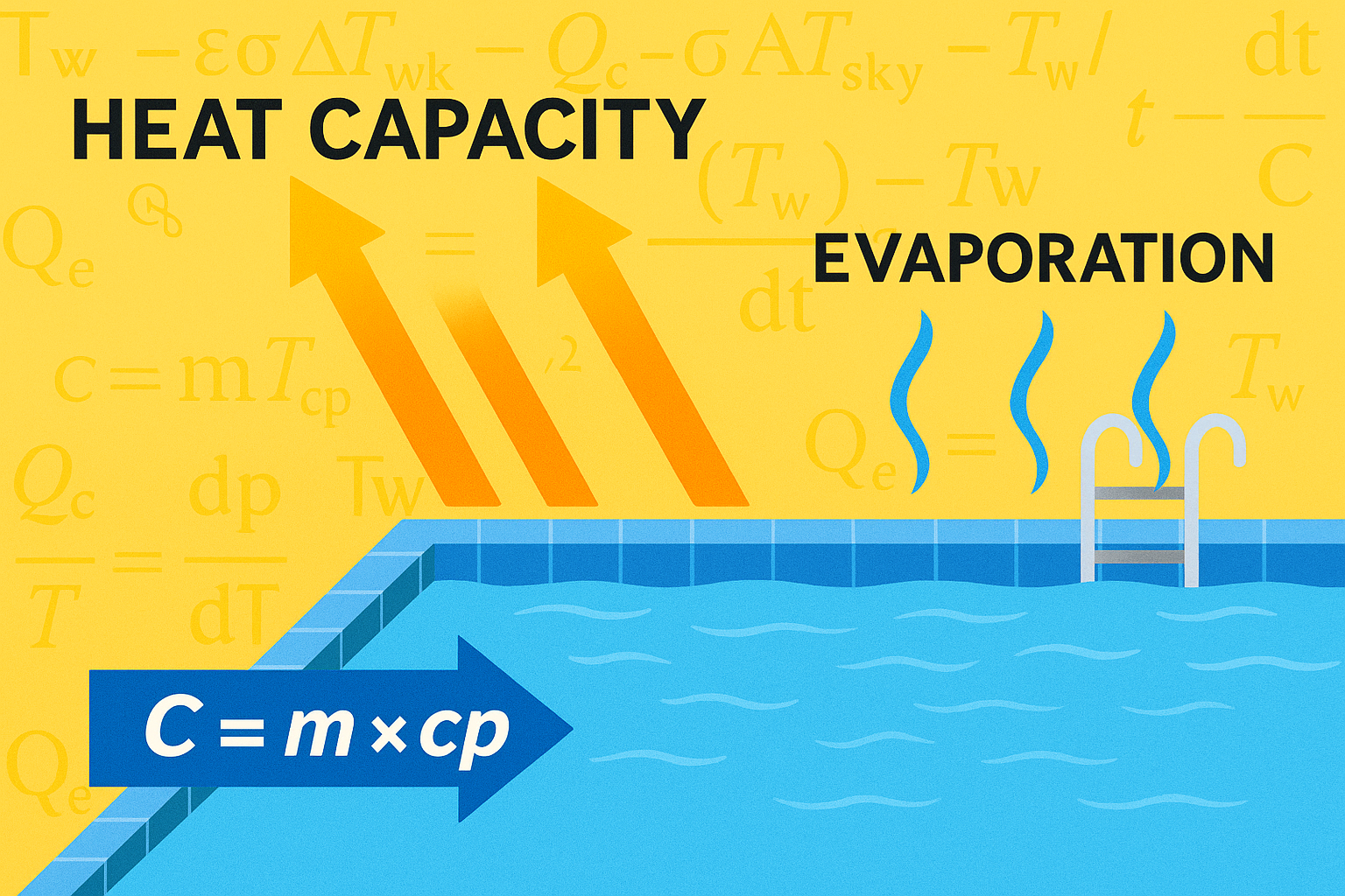 Educational illustration of a swimming pool highlighting heat capacity and evaporation, with sun and moon icons, heat arrows, and faint energy balance formulas in the background